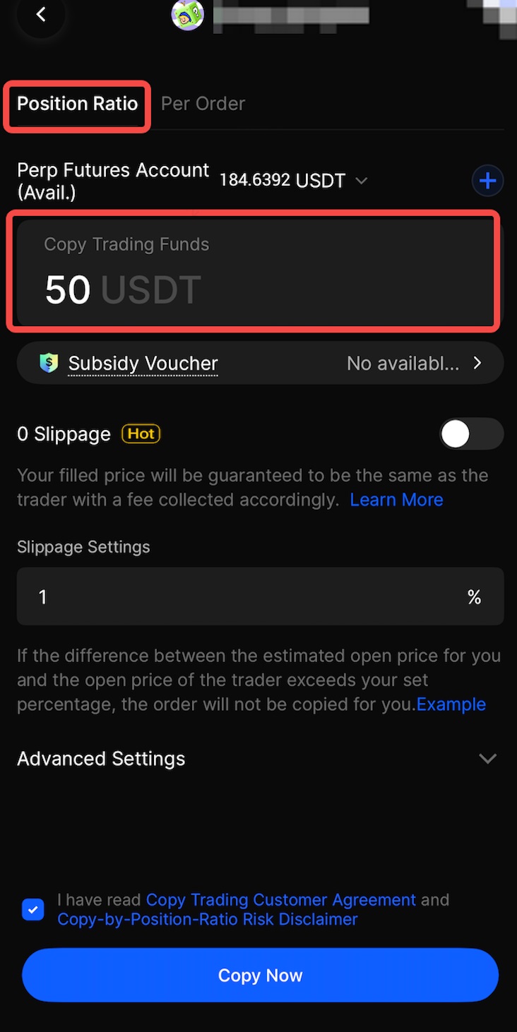 BingX公式コピー取引2.0の英語説明画面。Position Ratio、Per Order、Copy Trading Fundsの設定。