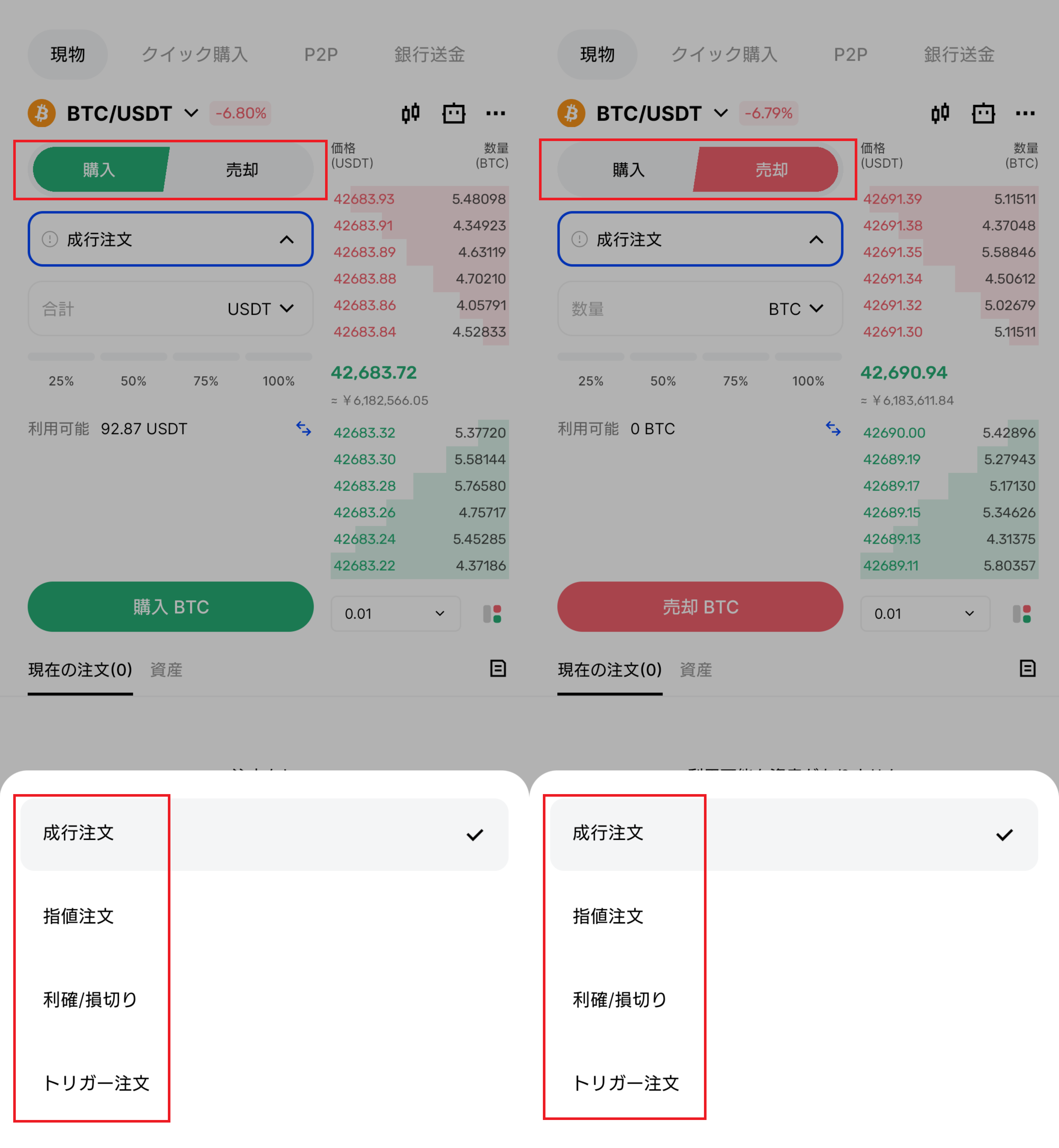 BingX公式現物取引の説明画面。購入と売却の2画面、成行・指値などの注文メニュー。