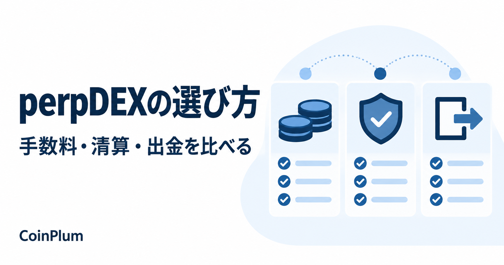 perpDEXの選び方。手数料・清算・出金を比べるを表す図。